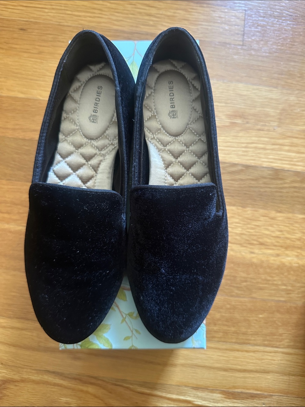 Birdies Black Velvet Quilted-Insole Loafers
